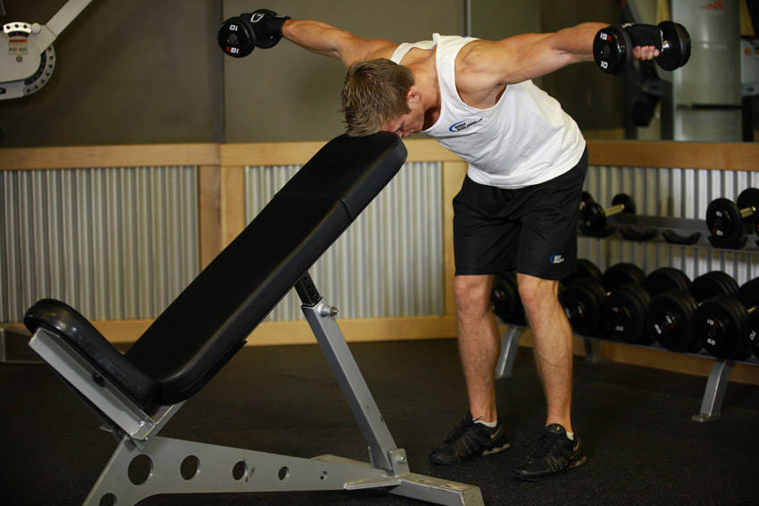 Bent Over Dumbbell Rear Delt Raise With Head On Bench — demonstration image 2